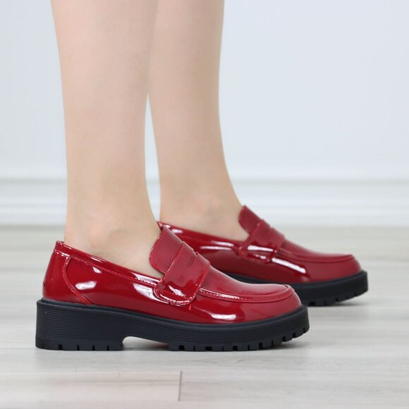Womens Chunky Penny Loafer Lug Sole Slip On Platform Red Patent - Picture 14 of 16